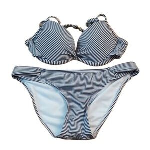 Xhilaration Striped Bikini Blue & White Extra Small Top and Small Bottoms